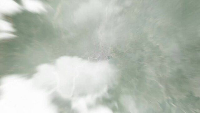 Earth zoom in from outer space to city. Zooming on India, Kolkata. The animation continues by zoom out through clouds and atmosphere into space. View of the Earth at night. Images from NASA