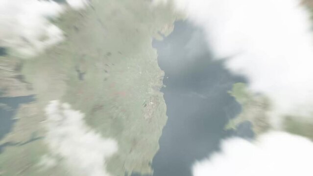 Earth zoom in from outer space to city. Zooming on Ireland, Dublin. The animation continues by zoom out through clouds and atmosphere into space. View of the Earth at night. Images from NASA. 4K