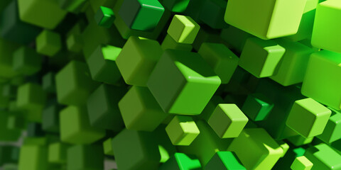 Green components integrating into action. Green technology concept abstract.
Green cubes floating in formation. Shallow depth  of field. 3D illustration, 3D rendering.