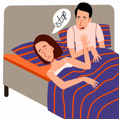 A couple of men and women lying in bed. The concept of a sexual or intimate problem between romantic partners. The girl refuses the guy. Vector illustration in a flat style.