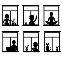 A set of silhouettes of people and animals in the window. Vector illustration.