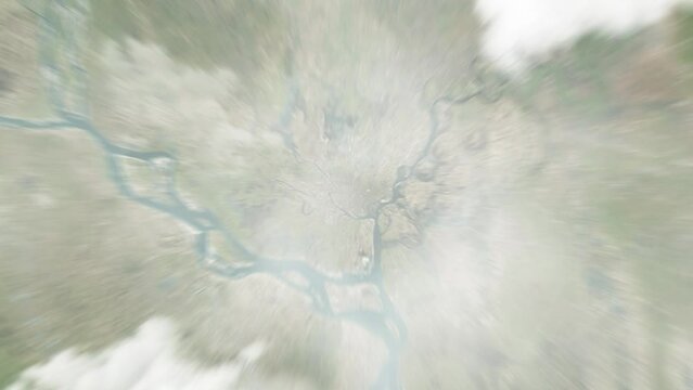 Earth zoom in from outer space to city. Zooming on Bangladesh, Narayanganj. The animation continues by zoom out through clouds and atmosphere into space. View of the Earth at night. Images from NASA