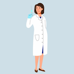 The character of a full-length European female doctor. Vector illustration in a flat style on the topic of medicine.