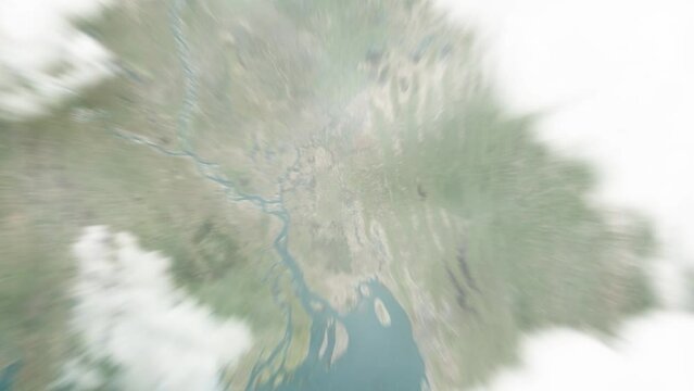 Earth zoom in from outer space to city. Zooming on Bangladesh, Comilla. The animation continues by zoom out through clouds and atmosphere into space. View of the Earth at night. Images from NASA. 4K