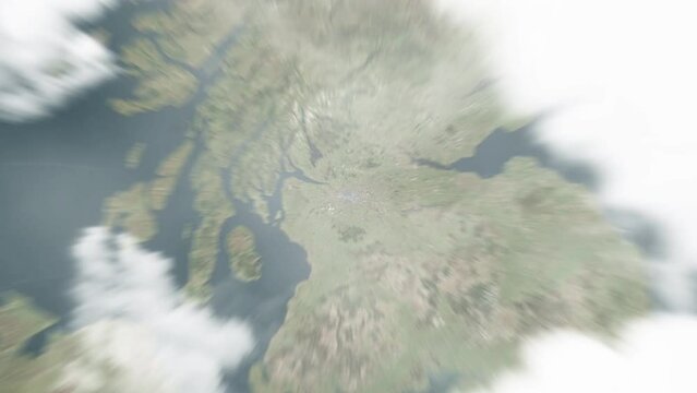 Earth zoom in from outer space to city. Zooming on United Kingdom, Glasgow. The animation continues by zoom out through clouds and atmosphere into space. Images from NASA. 4K