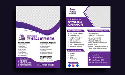 modern dispatch logistics trucks freight flyer, Trucking advertising flyers for business promotion, transportation and Delivery service flyer template