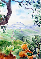 Landscape with hills far away and oak tree as a frame. Big prickly pear cactus closeup in the foreground against the background with bushes and a slope. Hand drawn watercolors on paper textures