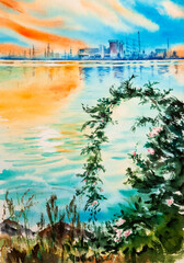 South ukrainian nuclear power plant in the morning time, colorful sunrise over pond and attractive reflections. Wild rose on foreground. Hand drawn watercolors on paper textures