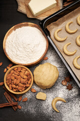 Baking tray with traditional German or Austrian Vanillekipferl vanilla kipferl cookies