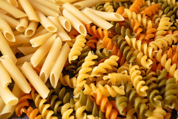 Various types of pasta (fusilli, penne, cavatapi, cannelloni, spaghetti) on black background, Raw pasta set and tomato, set, collection