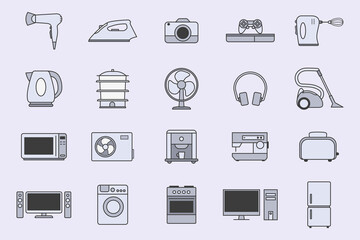 Electronics Icons set - Vector color symbols of camera, computer, washing machine, television and other appliances for the site or interface