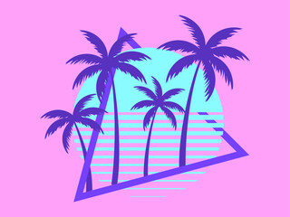 80s retro sci-fi palm trees on a sunset. Retro futuristic sun with palm trees. Summer time. Synthwave and retrowave style. Design for advertising brochures, banners and posters. Vector illustration