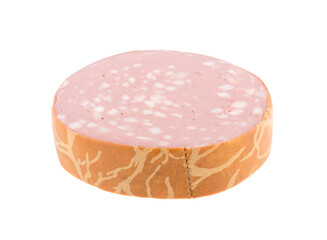 boiled sausage with pieces of lard isolated on white background