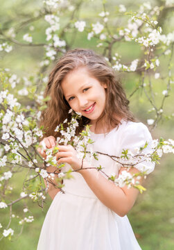 A girl in a white dress in a blooming garden. Spring Garden
