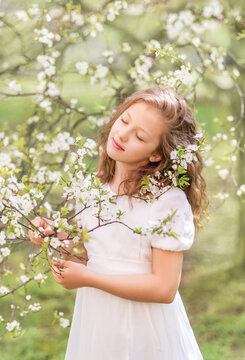 A girl in a white dress in a blooming garden. Portrait of a child inhaling the scent of cherry blossoms