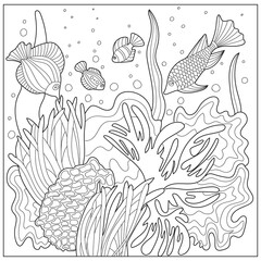 Ocean underwater coloring page with fish, seaweed, corals