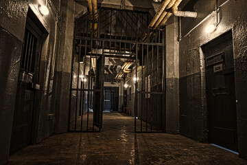bars and empty prison corridors - Powered by Adobe