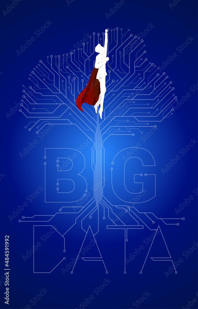 Poster silhouette of superhero fly with Tree from digital line connect dot circuit board style. Background concept for digital transformation.