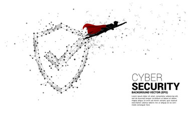 silhouette of superhero fly with Protection shield icon from dot connect line polygon network. concept of guard security and safety © Panithan