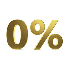 Golden percent symbol. Golden zero percent on a white background. 3D percentage sign. Discount symbol. 3D render illustration.
