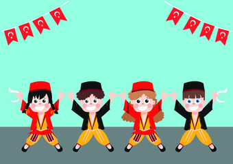 Vector Illustration of a Children Dancing Turkish Halay, Turkish Cultural Folk Dance, Celebration