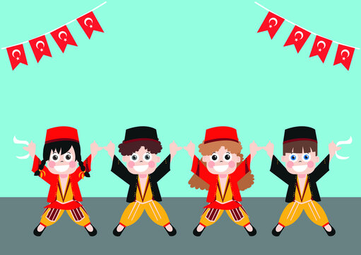 Vector Illustration of a Children Dancing Turkish Halay, Turkish Cultural Folk Dance, Celebration