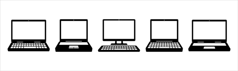 Laptop icon set. Various slim and thick laptops type. Assorted laptops vector icons set. Symbol of personal computer, portable computer, display screen. Simple flat outline design illustration.