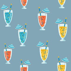 Seamless cocktail pattern. Pastel color background with juice, cocktails with straw and umbrella on blue.