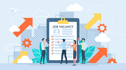 Job vacancy. Hr agency. Job hiring, online recruitment. Tiny people character. Applicants queue for consideration. Agency interview. Job search metaphor. Hiring concept. Flat illustration.