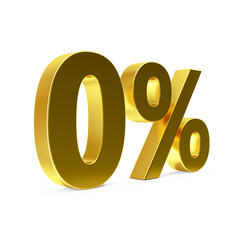 Golden percent symbol. Golden zero percent on a white background. 3D percentage sign. Discount symbol. 3D render illustration.