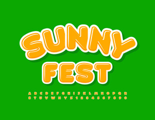 Vector colorful Banner Sunny Fest. Cute Playful Font. Set of Yellow Alphabet Letters and Numbers. 