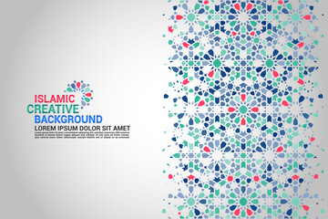 Islamic greeting card, banner background with ornamental colorful details of arabesque mosaic Islamic art ornament. Vector illustration.