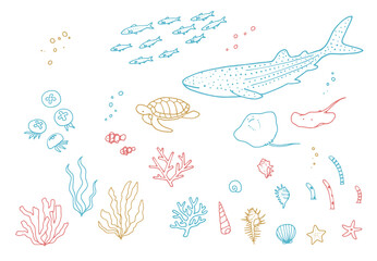 手描きのかわいい海洋生物　水族館　海の生き物装飾イラストセット © わたほこり