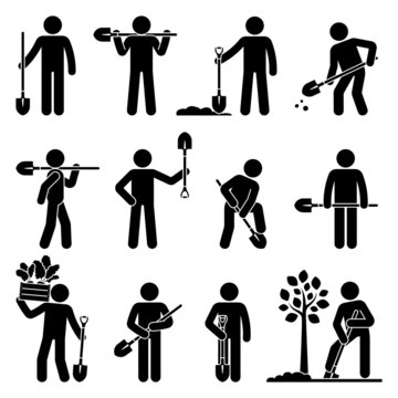 Stick figure man standing with shovel vector illustration set. Stickman digging ground, planting tree, gathering harvest icon silhouette pictogram on white background