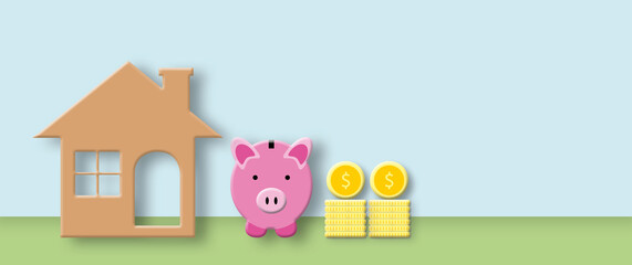 Home with pink piggy bank and coins on pastel background, Property investment and house mortgage financial real estate concept, Space for the text, illustration of 3d paper cut design style.