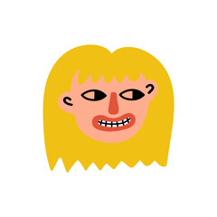 Hand drawn face of a young girl character with yellow hairs isolated on a white background. Trendy  cartoon female head. Colorful people avatar. Vector illustration
