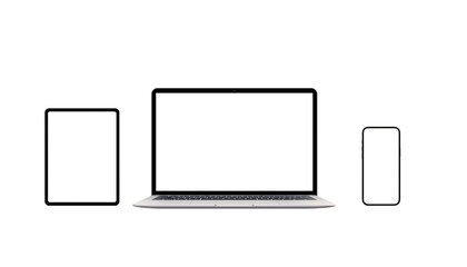 Isolated laptop, tablet and smart phone with blank screens for mockup. Responsive web design promotion concept