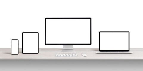Computer display, laptop, tablet and phone on desk with isolated, blank screens for responsive app or web page design promotion