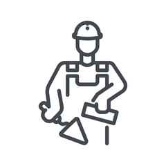 Construction worker holding trowel and brick line icon isolated