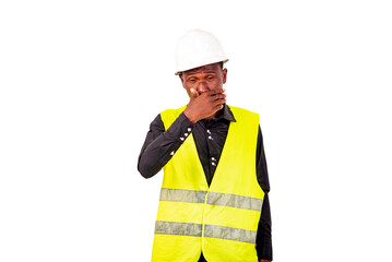 young man engineer covering hand over mouth.