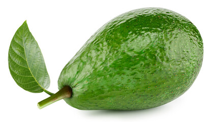 Avocado isolated on white background. Taste avocado with leaf. Full depth of field with clipping path