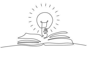 One continuous single line of light lamp on the book isolated on white background.