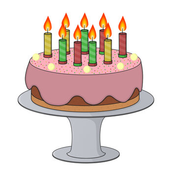 recommend clip art: Cartoon style pink glaze birthday cake on stand with 9 candles. Vector illustration clip art isolated on white background. 