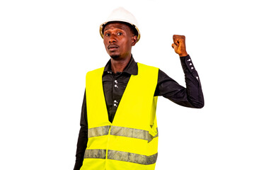 young man engineer pointing his thumb back.