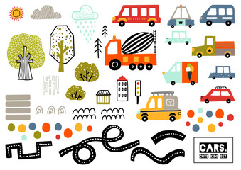 Cute kids set with cars on a white background.Can be used in textile industry, paper, background, scrapbooking.Vector
