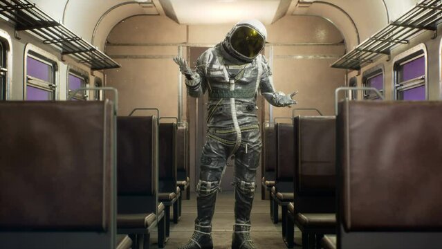 The astronaut makes a questioning gesture, in an interstellar space train hurtling at superluminal speed. The concept of fantasy space travel. The animation is perfect for space and sci-fi backgrounds
