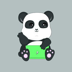 Cheerful cute panda waving her paw and working on a laptop. Vector panda isolated. Flat animal. Cute Panda Play Laptop Vector Icon Illustration. Animal Technology Icon Premium Vector.