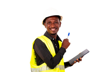 portrait of a happy construction engineer using tablet.