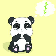 Cute funny baby panda dreams about sweet bamboo. Vector illustration of adorable flat panda isolated on a light yellow background
