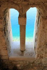 view from a belltower on the blue sea in old town Rab, island Rab, Croatia